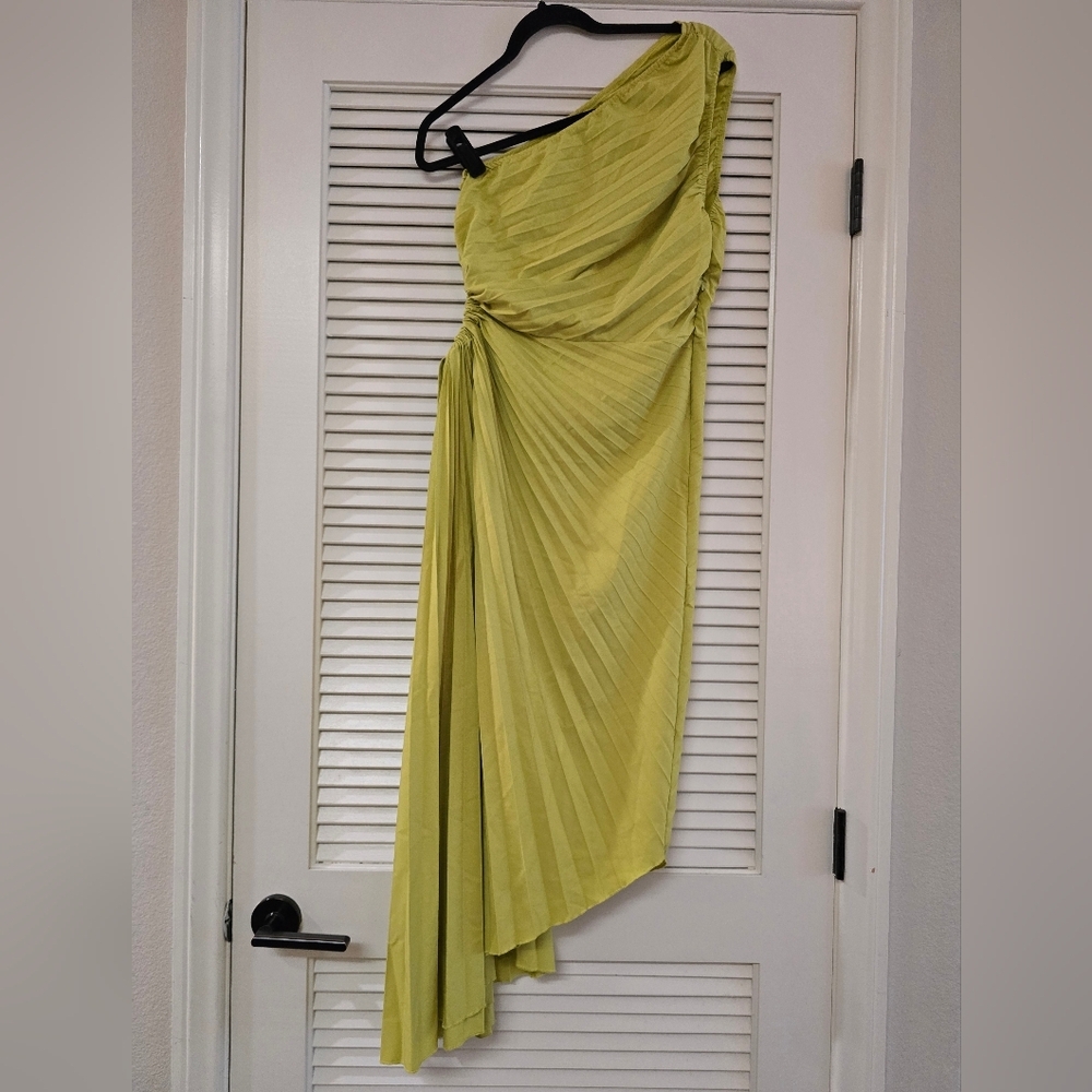 SHEIN - Chartreuse One-Shoulder Asymmetrical Pleated Cut-Out Evening Dress